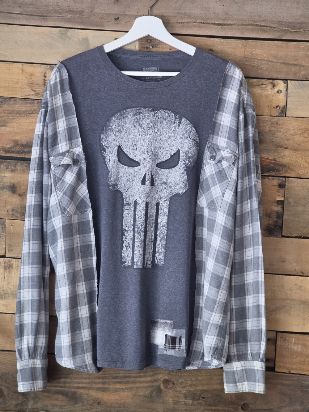 Upcycled Gray Graphic Skull T-Shirt with Gray Plaid  Long Sleeves
